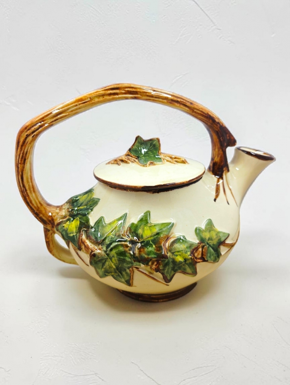 McCoy Pottery Green Ivy Teapot with Lid and Brown Branch Handle Vintage USA